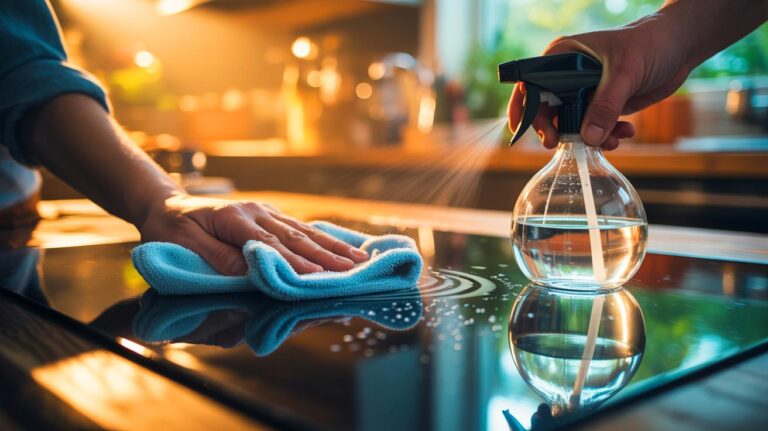 Illustration de l’utilisation d’eau déminéralisée et d’une microfibre pour nettoyer des surfaces éclatantes sans résidus