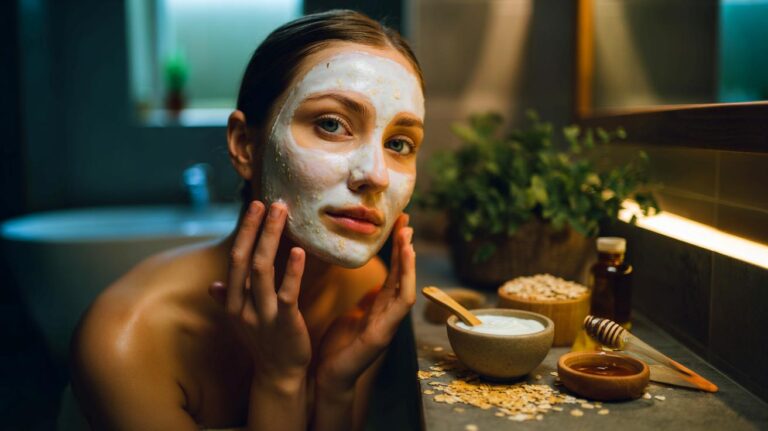 Illustration de l’application d’un masque pour le visage au yaourt et à l’avoine pour affiner le grain de peau