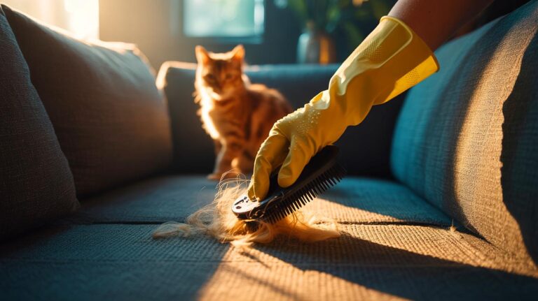 Illustration de l’utilisation d’un gant en caoutchouc humide pour retirer les poils d’animaux d’un canapé et d’un tapis