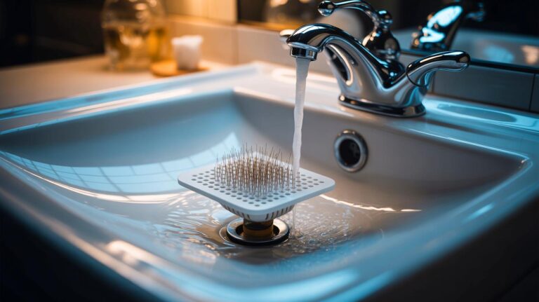 Illustration de l’utilisation d’un tamis anti-poils en silicone sur la bonde d’un lavabo pour empêcher l’accumulation de poils
