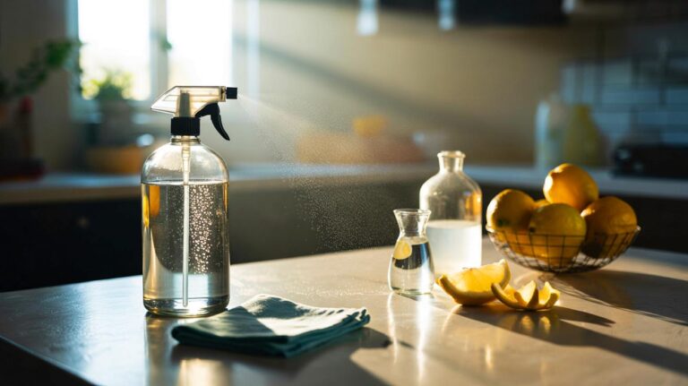 Illustration de [un spray naturel à base d’alcool et de vinaigre, utilisé avec une microfibre pour désinfecter les surfaces de la maison]