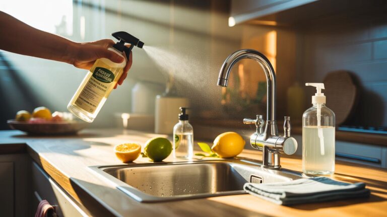 Illustration de mélange nettoyant naturel au vinaigre blanc, au citron et au liquide vaisselle écologique, appliqué en spray pour remplacer les produits corrosifs et nettoyer sans danger