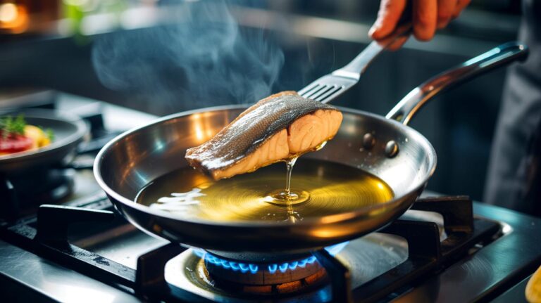 Illustration de la technique de cuisson au film de vapeur empêchant l’adhérence des aliments dans une poêle en inox