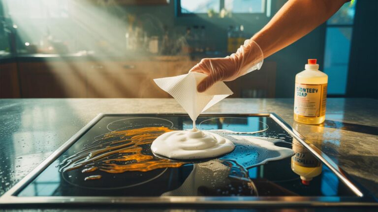 Illustration de l’élimination des taches de graisse en cuisine avec du liquide vaisselle concentré, sans frotter