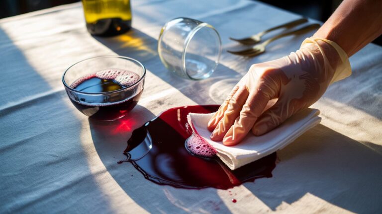 Illustration de l’élimination d’une tache de vin rouge sur nappe avec un mélange d’eau oxygénée 3 % et de liquide vaisselle, appliqué par tamponnement avec un chiffon blanc
