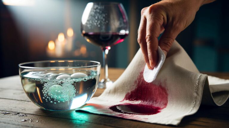 Illustration de l’élimination d’une tache de vin rouge sur une nappe blanche à l’aide de pastilles pour prothèses dentaires dissoutes dans de l’eau tiède