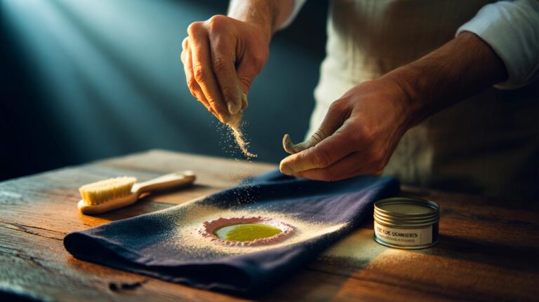 Illustration de l’élimination des taches d’huile sur les vêtements grâce à la terre de Sommières