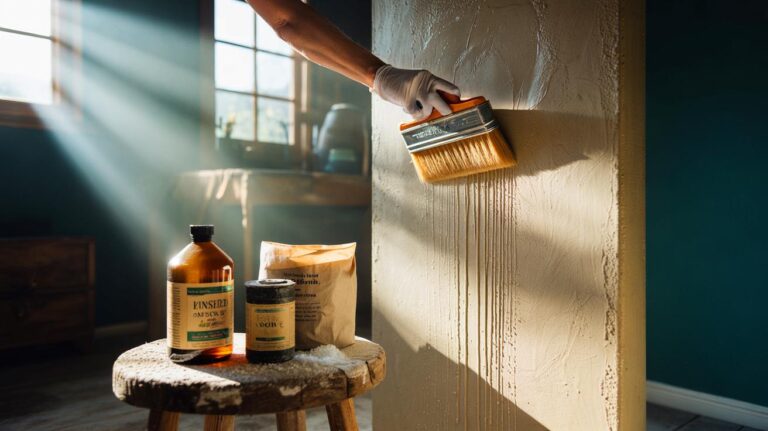 Illustration de l’application d’un badigeon hydrophobe naturel à la chaux pour prévenir les taches d’humidité sur un mur intérieur