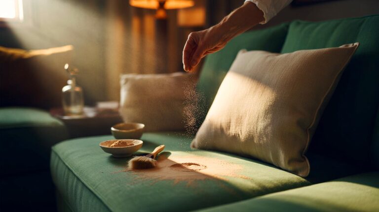 Illustration de l’astuce naturelle à la terre de Sommières pour faire disparaître les taches sur les coussins sans lavage