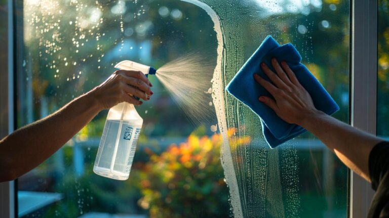 Illustration de l’application d’un mélange maison sur une vitre à l’aide d’un spray et d’une microfibre pour un résultat sans traces