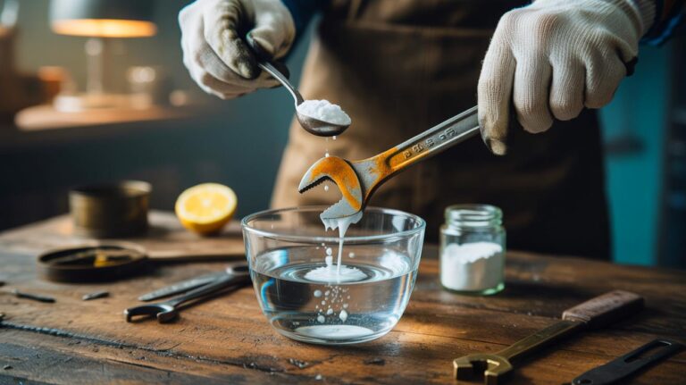 Illustration de l’utilisation de l’acide citrique, poudre de cuisine, pour effacer la rouille sur des outils métalliques