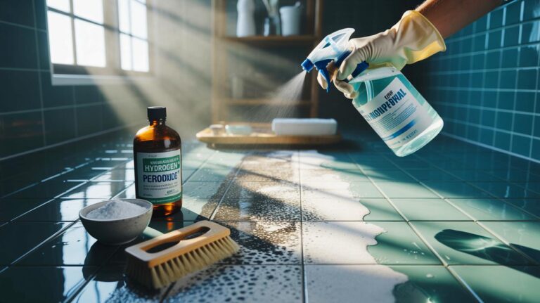 Illustration de l’application d’un mélange maison (vinaigre blanc, eau oxygénée 3 % et bicarbonate) pour traiter la moisissure sur des joints de salle de bain