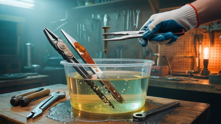 Illustration de la suppression de la rouille sans frotter grâce à un bain à l’acide citrique sur des outils en acier