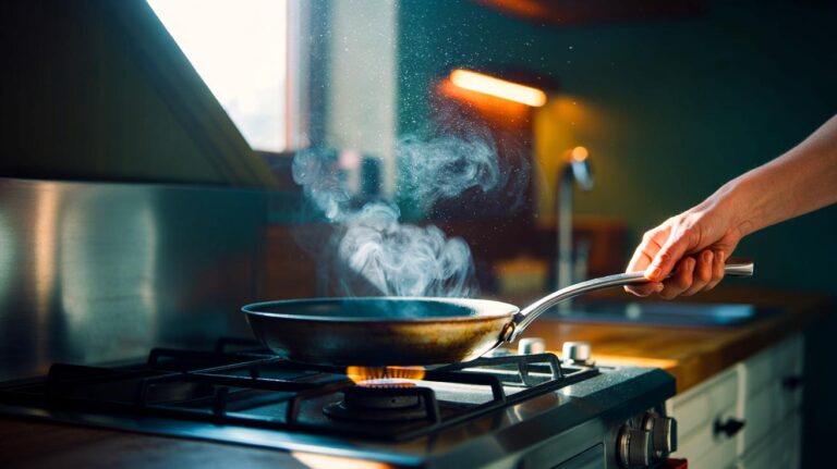 Illustration de [huile qui fume dans une poêle sur une plaque de cuisson, libérant des particules nocives dans l’air intérieur pendant la préparation des aliments]