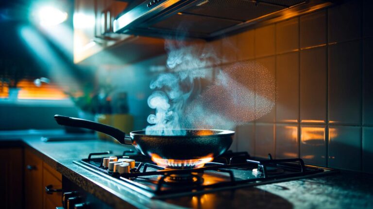 Illustration de l’émission de substances toxiques lors de la cuisson avec une poêle antiadhésive surchauffée