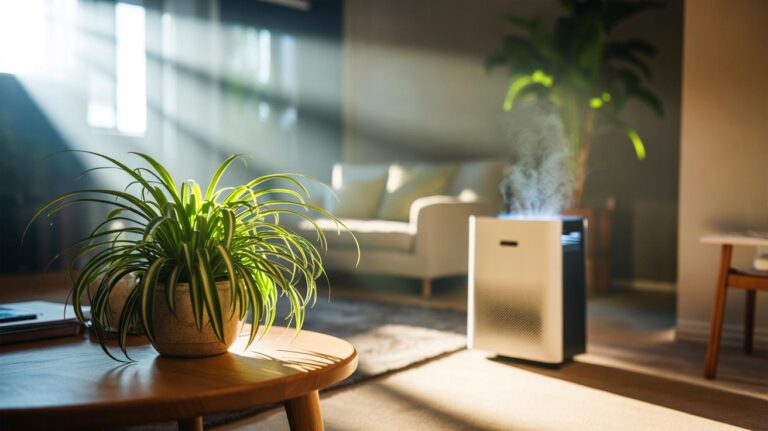 Illustration de [un chlorophytum comosum (plante araignée) à l’intérieur d’un appartement, à côté d’un purificateur d’air électrique]