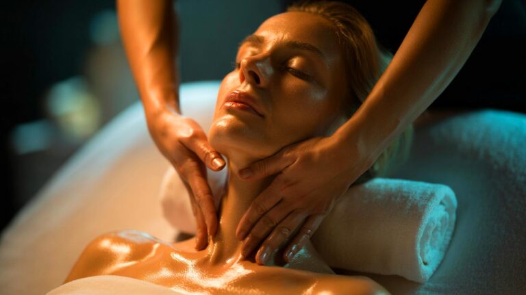Illustration de [un massage du cou réalisé par une esthéticienne pour lisser les rides]