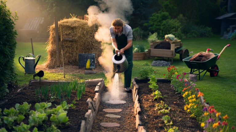 Illustration de la procédure de jardinage zéro‑chimie remplaçant les produits chimiques nocifs