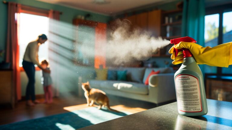 Illustration de sprays ménagers parfumés libérant des substances nocives (COV, formaldéhyde) dans l’air intérieur d’un logement