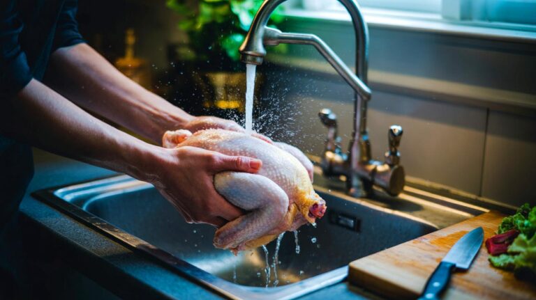 Illustration de rinçage de volaille crue sous un robinet de cuisine avec dispersion d’éclaboussures contaminantes
