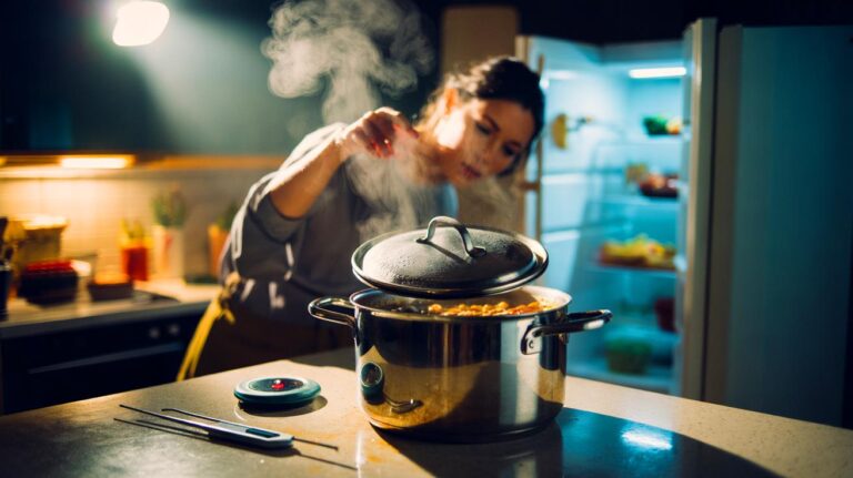Illustration de l’erreur de laisser des aliments cuits tiédir à température ambiante, qui multiplie les bactéries