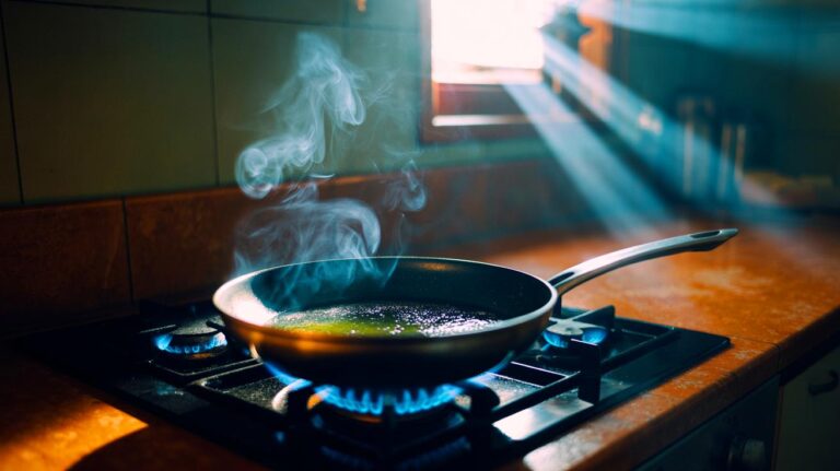 Illustration de [une poêle qui fume sur une cuisinière au gaz, signal d’huile surchauffée libérant des substances dangereuses en l’absence de ventilation]