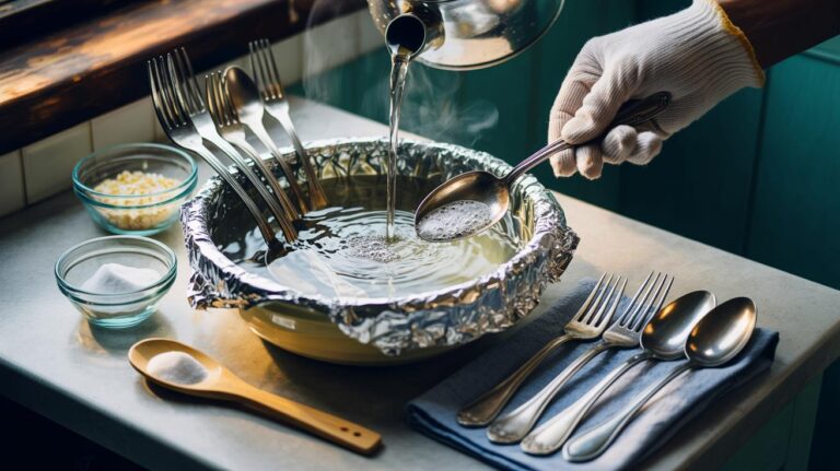 Illustration de l’astuce de cuisine au papier aluminium, bicarbonate, sel et eau chaude pour faire briller les objets métalliques