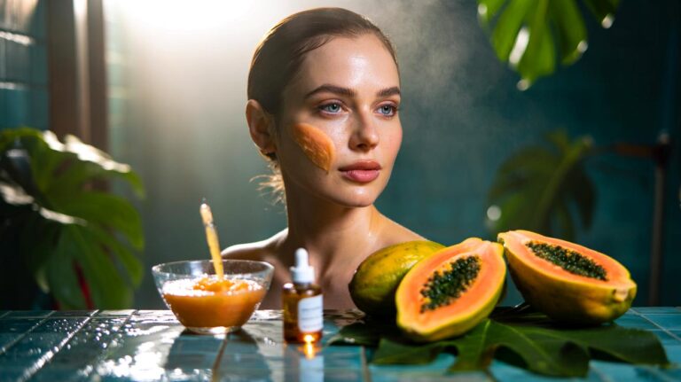 Illustration de papayes fraîches et d’un soin du visage à la papaye, mettant en avant les antioxydants de la papaye pour une peau visiblement rajeunie
