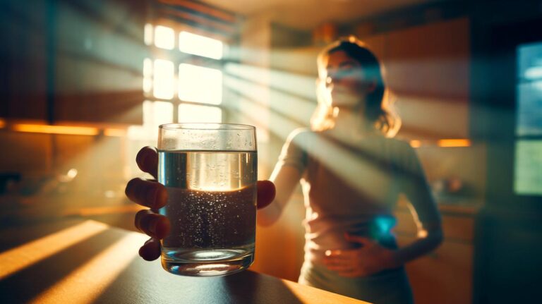 Illustration de boire un grand verre d’eau tiède à jeun au réveil pour stimuler la digestion et réveiller le métabolisme