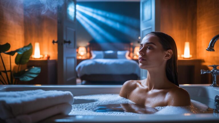 Illustration de [la prise d’un bain ou d’une douche tiède 60 à 90 minutes avant le coucher afin d’améliorer la qualité du sommeil]