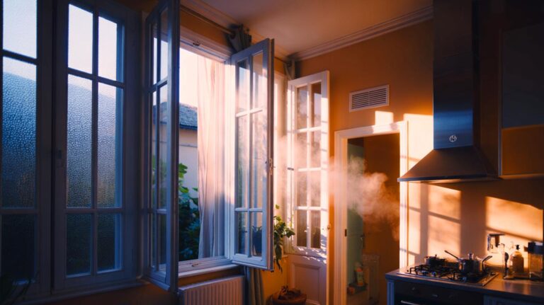Illustration de l’aération quotidienne du logement — fenêtres grandes ouvertes et VMC entretenue — pour prévenir jusqu’à 90 % des problèmes d’humidité