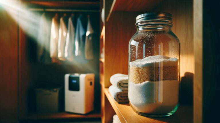 Illustration de dispositif naturel anti-humidité à base de sel, riz et bicarbonate dans un bocal, placé dans un placard, alternative à un déshumidificateur