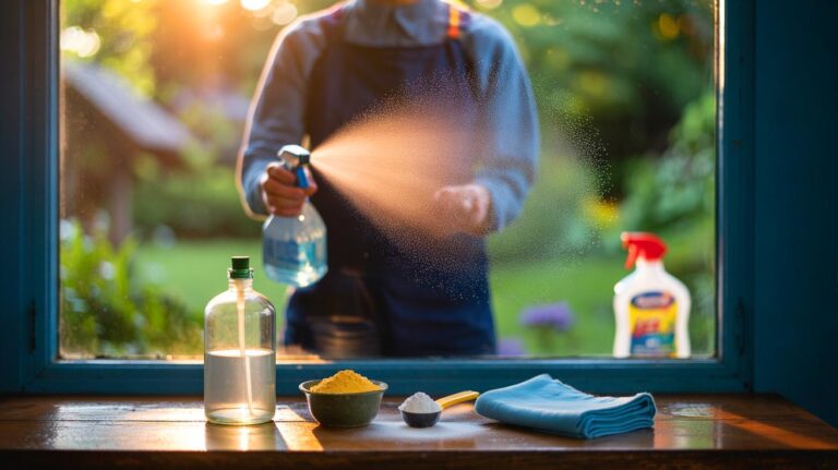 Illustration de l’utilisation d’un mélange naturel à base de vinaigre blanc, d’eau déminéralisée et de fécule de maïs pour faire briller des vitres mieux qu’un produit du commerce