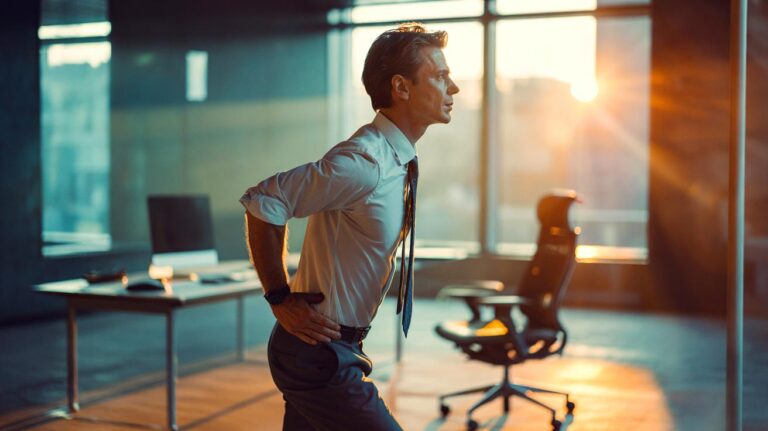 Illustration de l’auto-grandissement et de la rétraction cervicale au bureau, un mouvement simple qui régénère la posture mieux qu’un fauteuil ergonomique