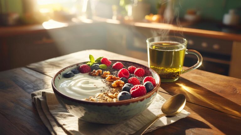 Illustration de petit-déjeuner simple à base d’avoine, yaourt nature, fruits rouges et noix, associé au ralentissement du vieillissement cellulaire