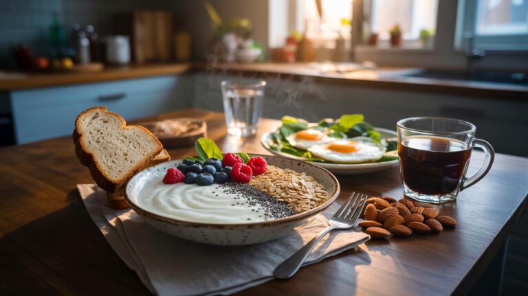Illustration de petit-déjeuner riche en protéines et en fibres, à faible indice glycémique, favorisant une perte de poids durable