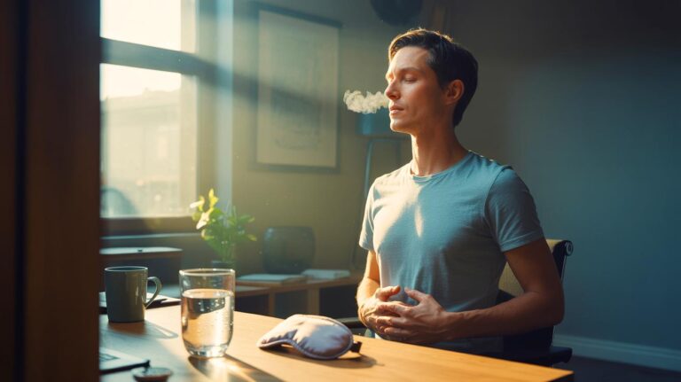 Illustration de pratiques validées par des experts pour réduire la fatigue et améliorer la concentration : hydratation, exposition à la lumière naturelle, respiration lente et micro-sieste