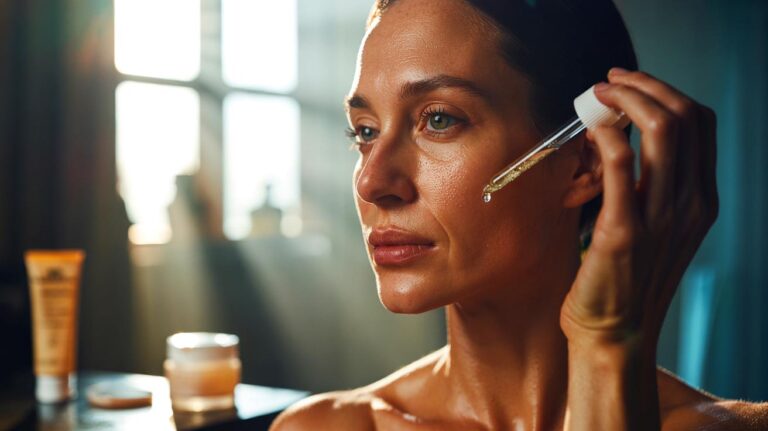 Illustration de la routine minimaliste validée par des experts pour une peau resplendissante sans maquillage, avec application d’un sérum hydratant sur peau humide, scellée par des céramides et protégée par un SPF 30+