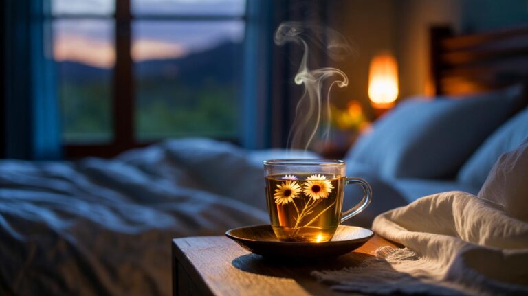 Illustration d’une tasse de tisane du soir camomille–fenouil, réputée pour améliorer le sommeil et dégonfler le ventre