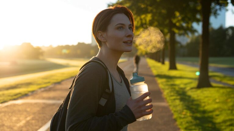 Illustration de [une personne marchant à l’extérieur, tôt le matin, exposée à la lumière naturelle, pour stimuler le système immunitaire]