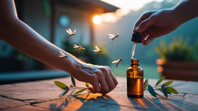 Illustration de [l’huile essentielle d’eucalyptus citronné utilisée comme répulsif naturel contre les insectes]