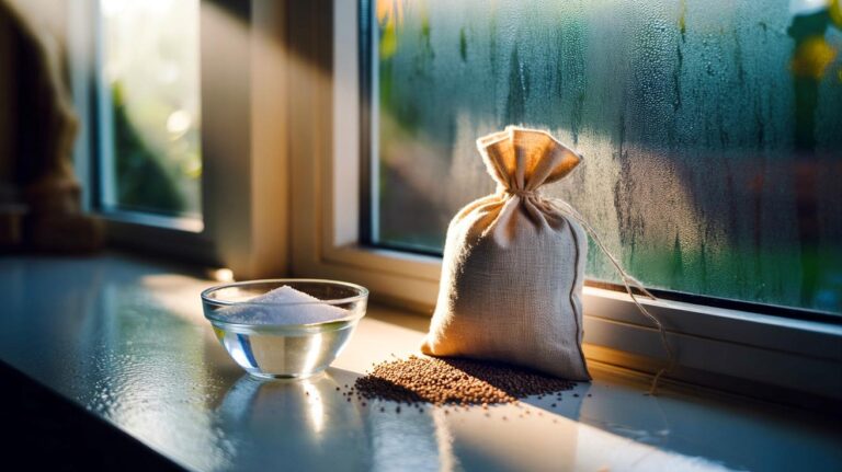 Illustration de la zéolite naturelle en sachet dessiccant, absorbant mieux l’humidité que le sel dans une pièce