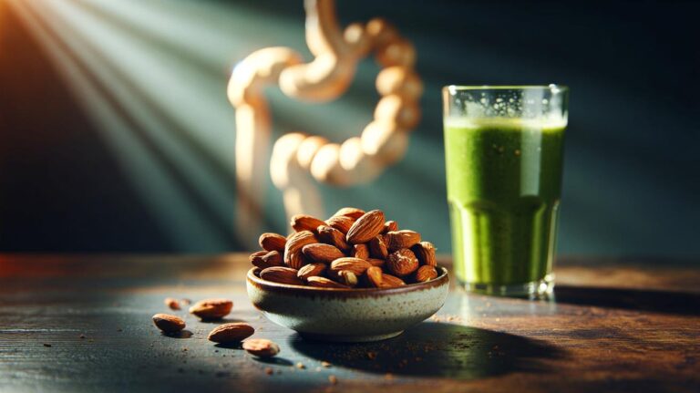 Illustration de amandes grillées comparées à un smoothie pour leur effet supérieur sur le microbiote et le transit intestinal