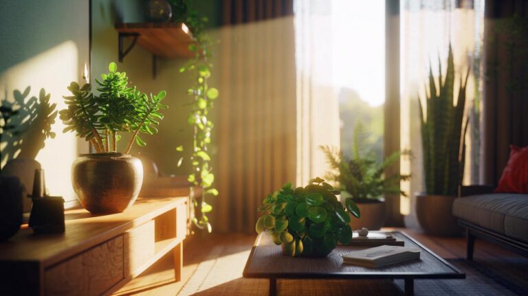 Illustration de plantes d’intérieur porte-bonheur dans un foyer, symbole de santé et de prospérité
