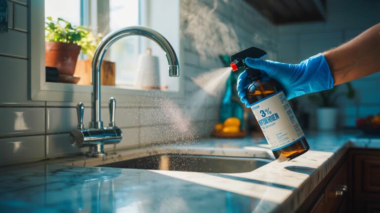 Illustration de l’utilisation de l’eau oxygénée 3 % pour désinfecter naturellement les surfaces domestiques