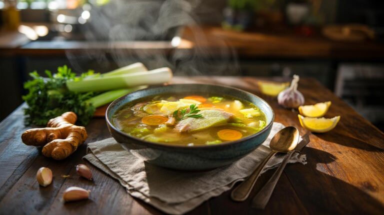 Illustration de la soupe de poulet au gingembre et à l’ail renforçant le système immunitaire