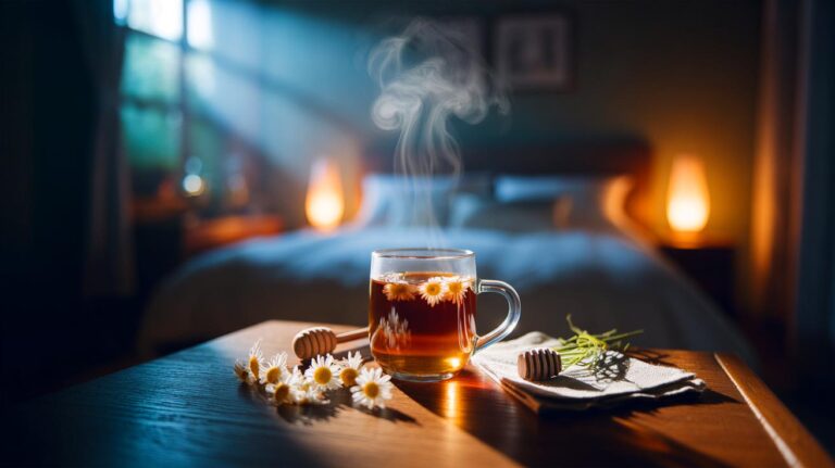 Illustration de rituel du soir avec une tasse de tisane à la camomille fumante sur une table de chevet, recommandée par des experts du sommeil pour apaiser et favoriser l’endormissement