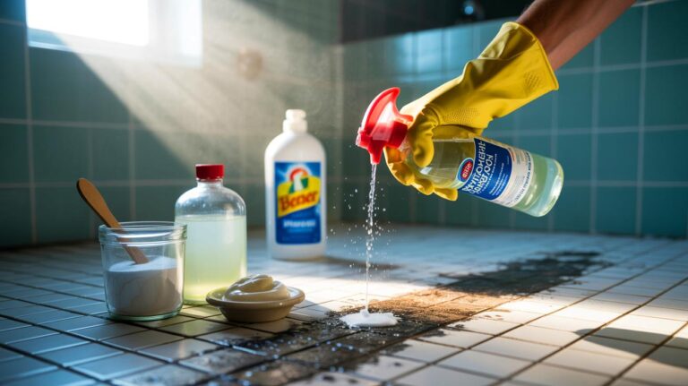 Illustration de l’efficacité supérieure d’un mélange maison au vinaigre, eau oxygénée et bicarbonate contre la moisissure, confirmée par des experts, face à la javel
