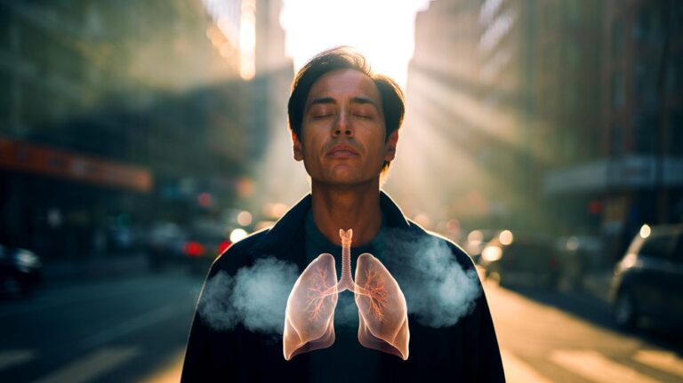 Illustration de [la respiration nasale consciente protégeant les poumons de la pollution atmosphérique urbaine]
