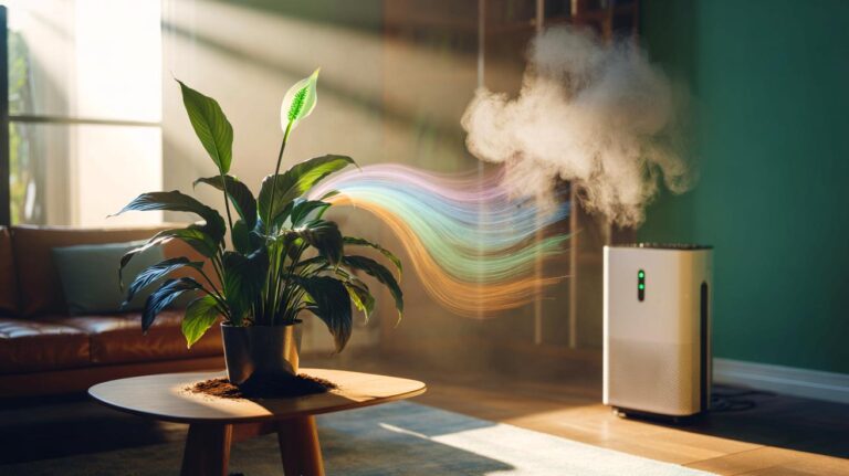 Illustration de la fleur de lune (Spathiphyllum) purifiant l’air intérieur à proximité d’un purificateur électrique